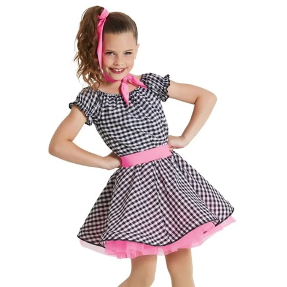 WEISSMAN Sock Hop Character Dress in Black & White Gingham with Hot Pink Accents
